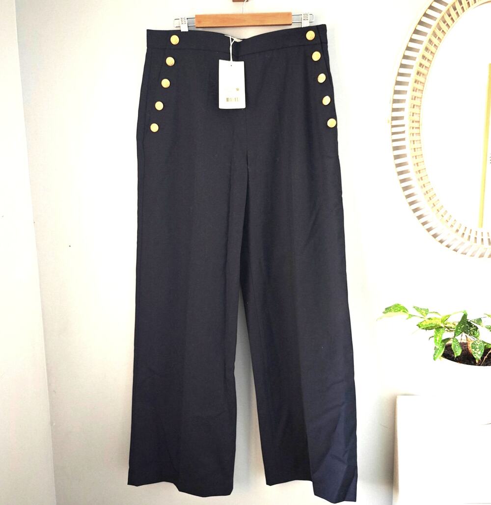 NWT Sézane Marino Navy Sailor Wide Leg Trousers Wool Blend EUR 44 US 12
